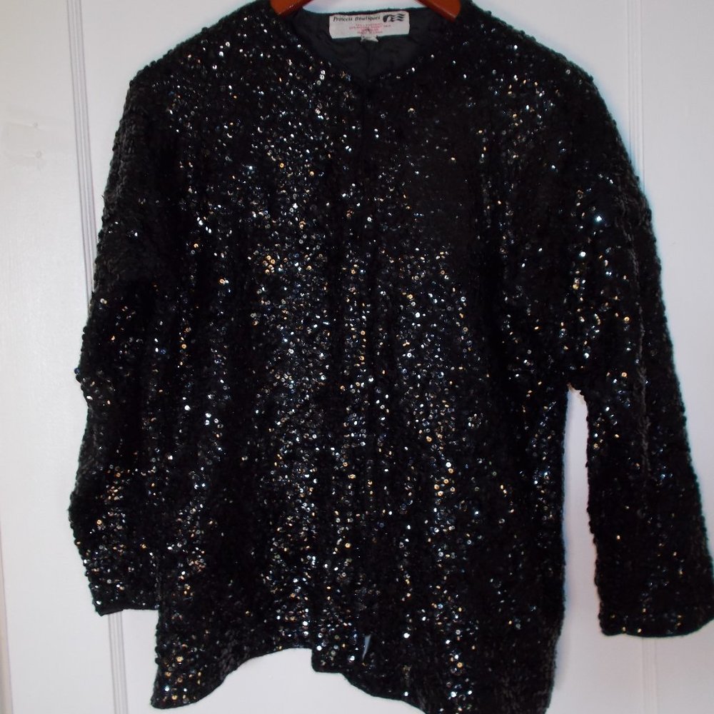 VTG‎ Princess Boutiques Black Sequin Long Sleeve Jacket Women's L Lambswool